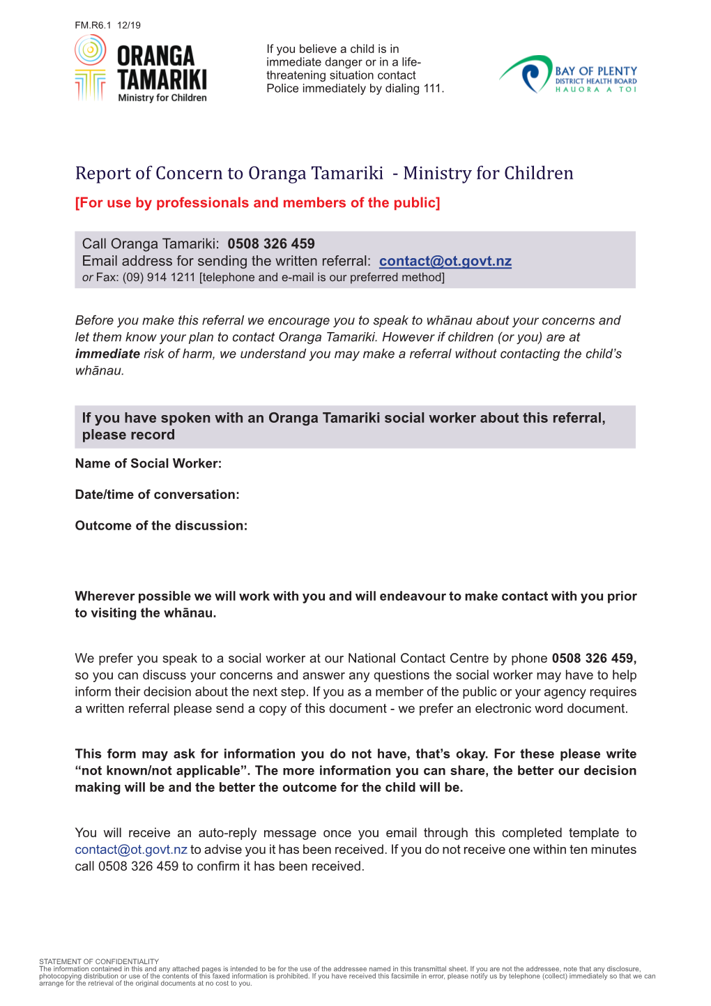 Report of Concern to Oranga Tamariki - Ministry for Children