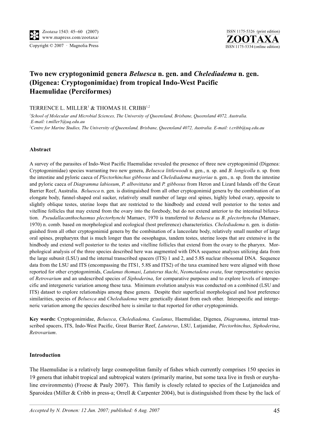 Zootaxa,Two New Cryptogonimid Genera Beluesca