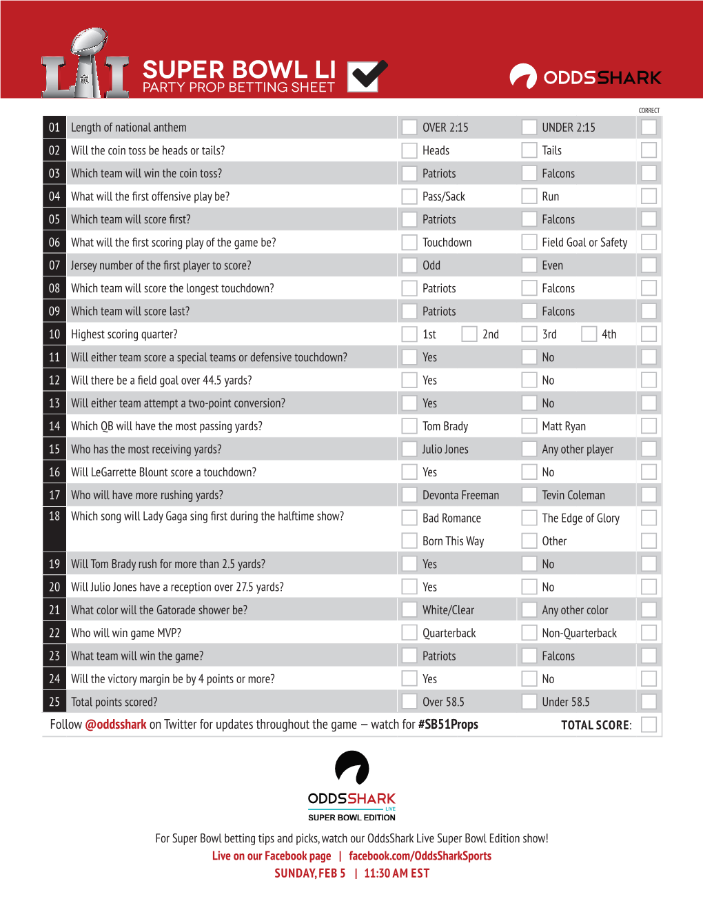 Super Bowl Li Party Prop Betting Sheet