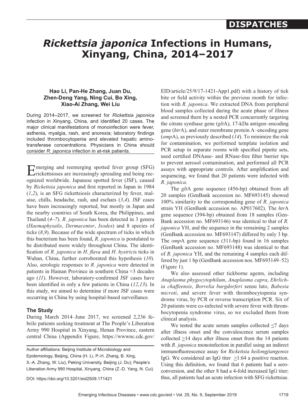 Rickettsia Japonica Infections in Humans, Xinyang, China, 2014–2017