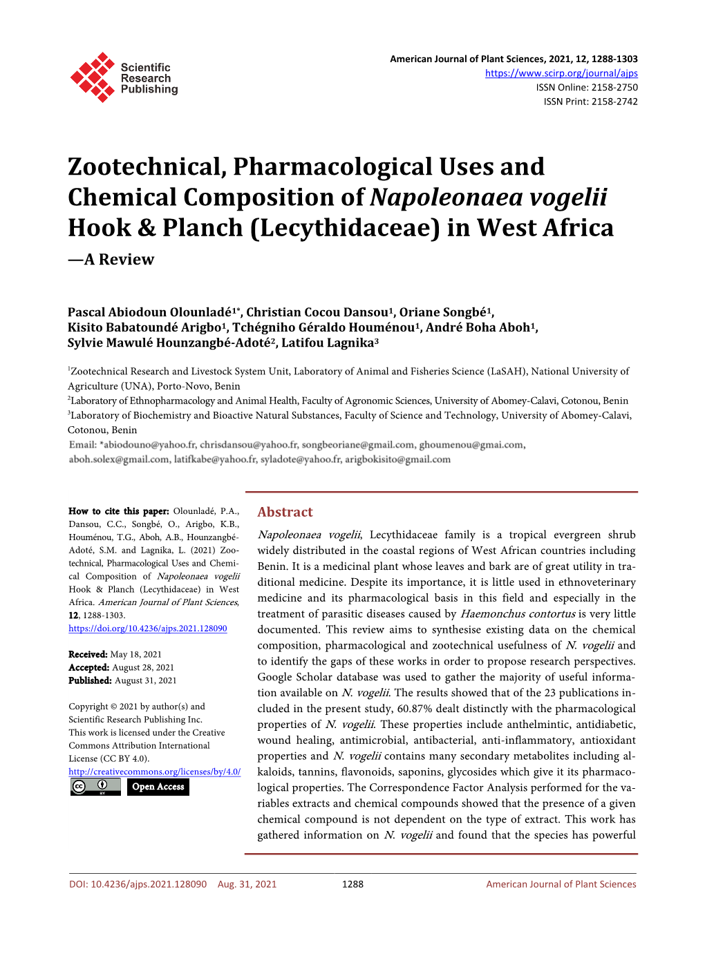 Chemical Composition, Pharmacological and Zootechnical Usefulness of Napoleonaea Vogelii Hook & Planch