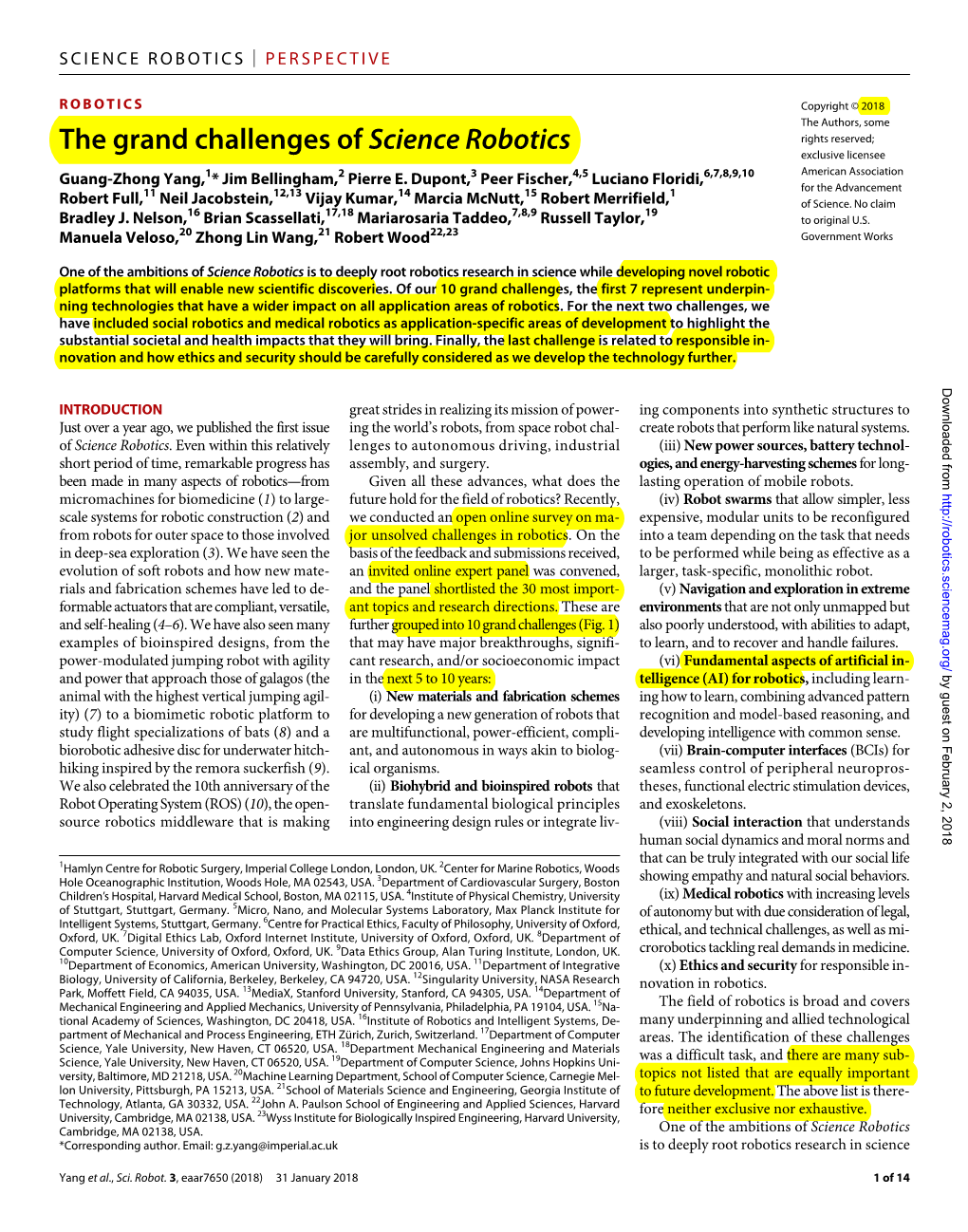 The Grand Challenges of Science Robotics Exclusive Licensee Guang-Zhong Yang,1* Jim Bellingham,2 Pierre E