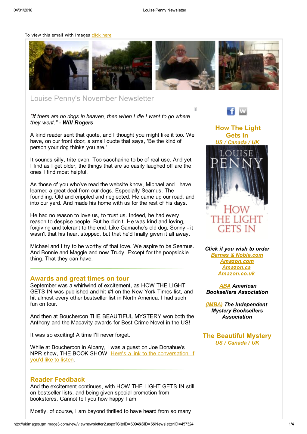 Louise Penny's November Newsletter