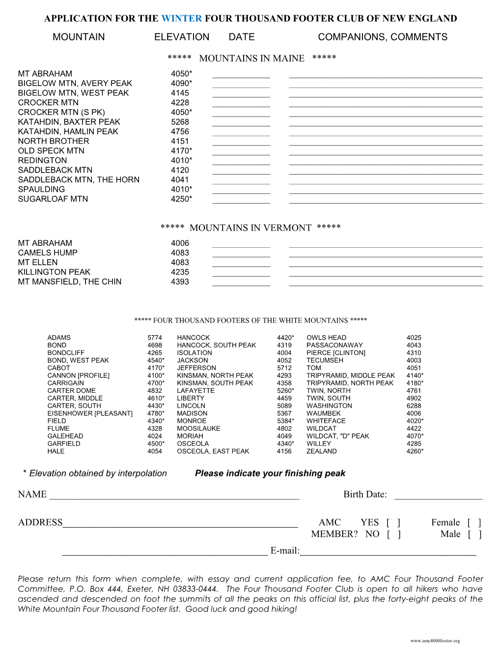 Application for the Winter Four Thousand Footer Club of New England