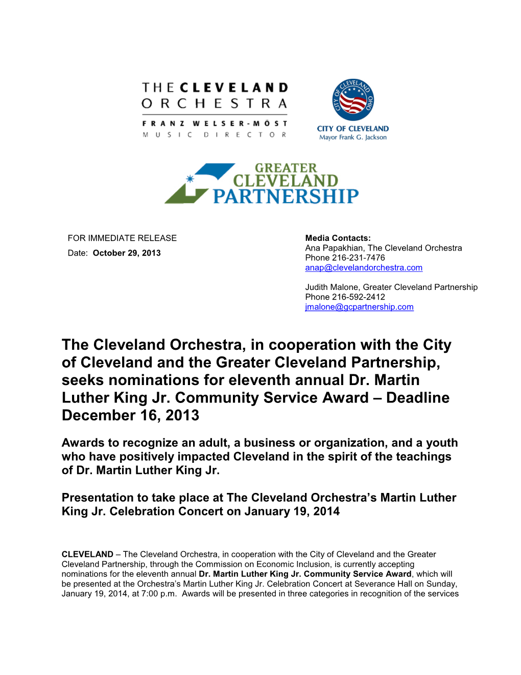 The Cleveland Orchestra, in Cooperation with the City of Cleveland and the Greater Cleveland Partnership, Seeks Nominations for Eleventh Annual Dr