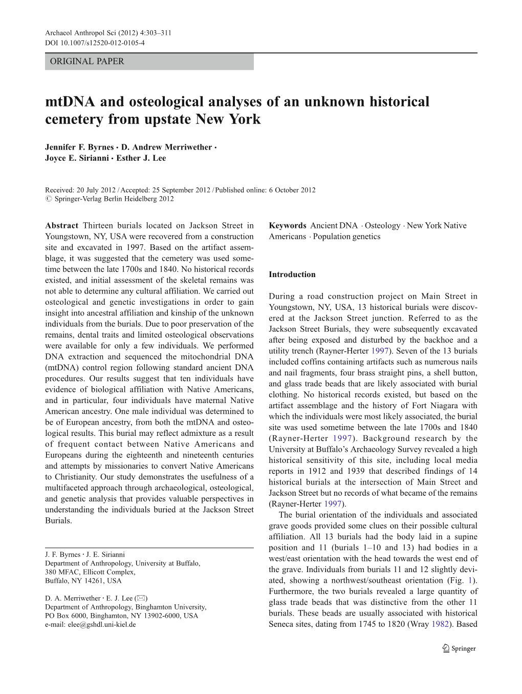 Mtdna and Osteological Analyses of an Unknown Historical Cemetery from Upstate New York