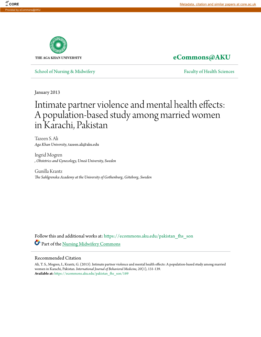 Intimate Partner Violence and Mental Health Effects: a Population-Based Study Among Married Women in Karachi, Pakistan Tazeen S