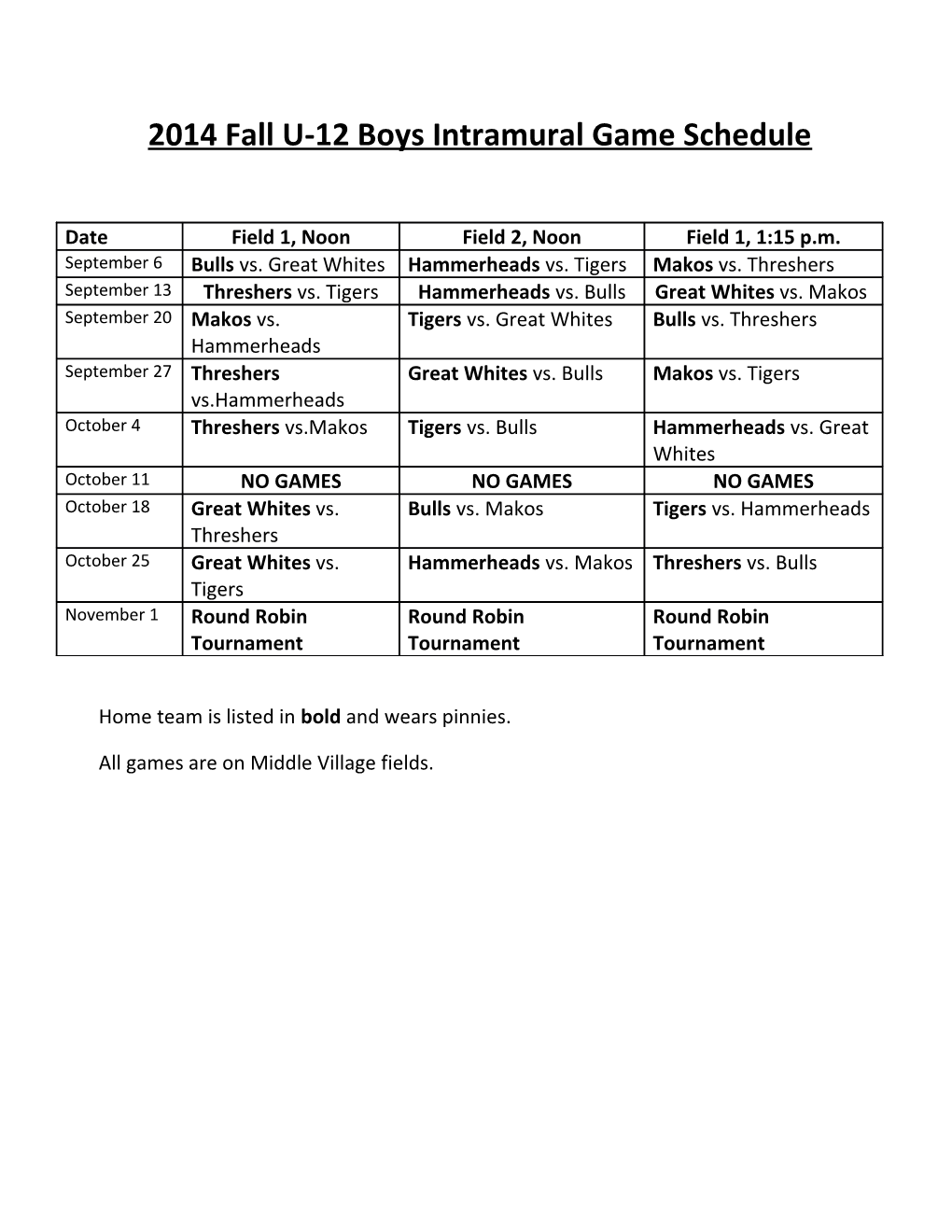 2014 Fall U-12 Boys Intramural Game Schedule