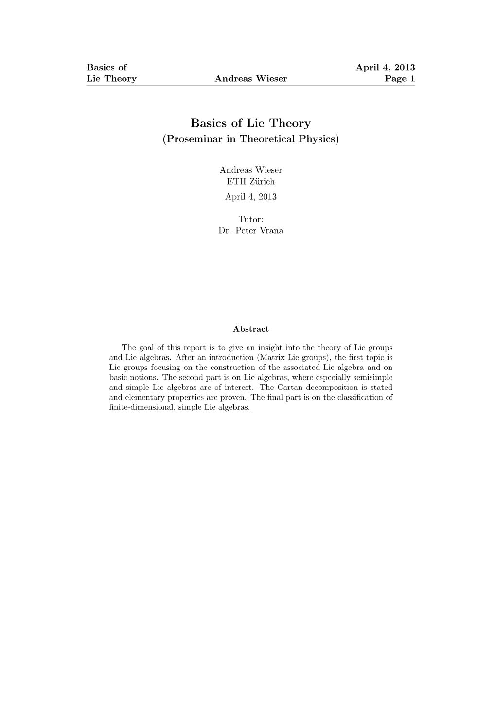 Basics of Lie Theory (Proseminar in Theoretical Physics)