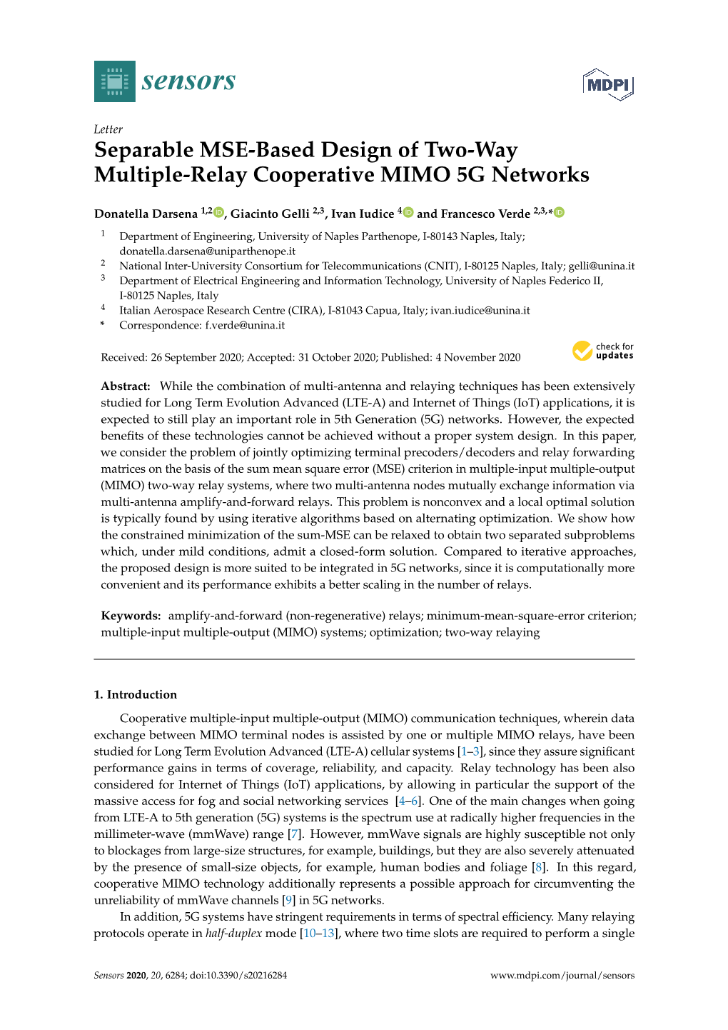 Separable MSE-Based Design of Two-Way Multiple-Relay Cooperative MIMO 5G Networks