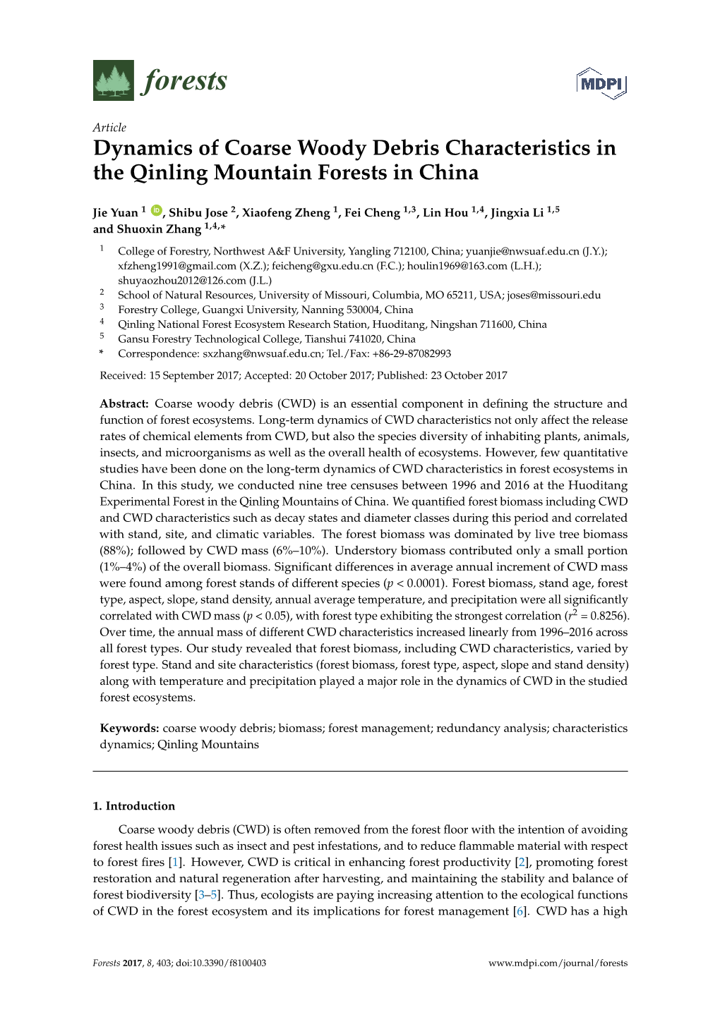 Dynamics of Coarse Woody Debris Characteristics in the Qinling Mountain Forests in China