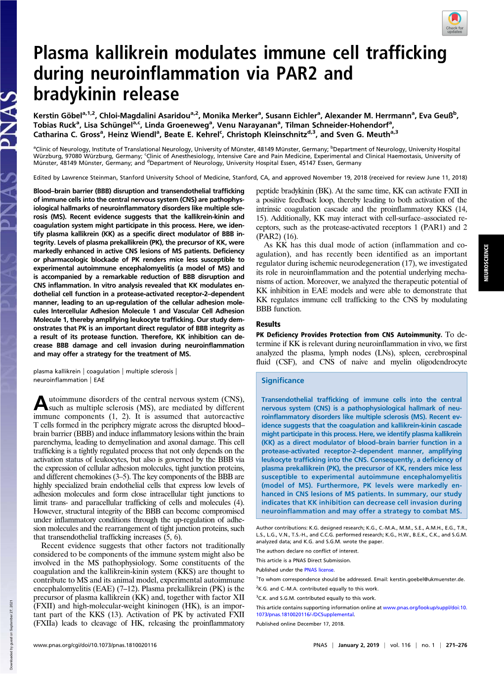 Plasma Kallikrein Modulates Immune Cell Trafficking During Neuroinflammation Via PAR2 and Bradykinin Release