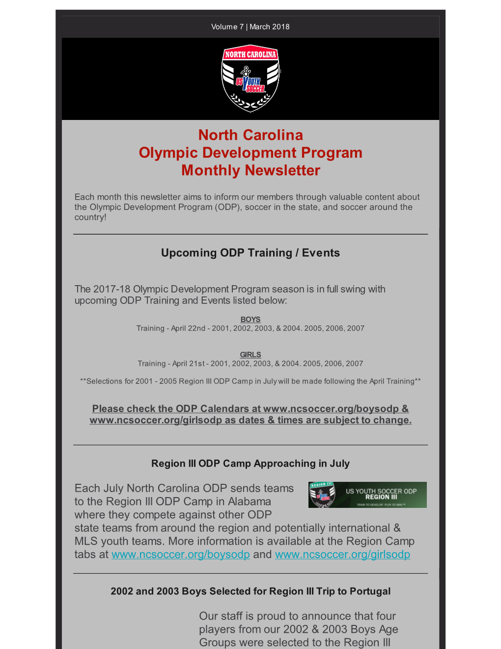North Carolina Olympic Development Program Monthly Newsletter