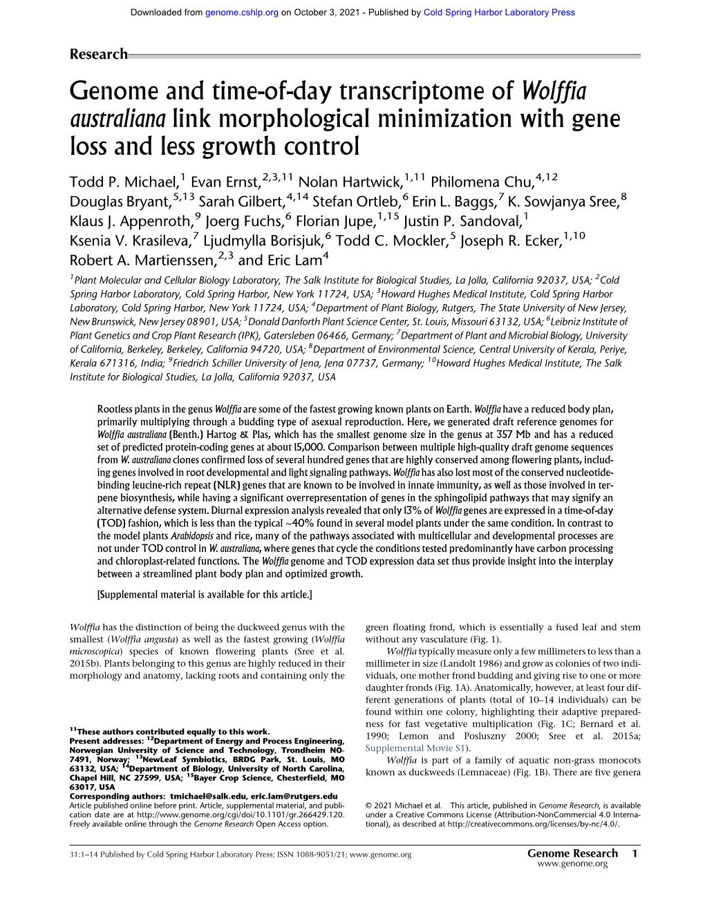 Genome and Time-Of-Day Transcriptome of Wolffia Australiana Link Morphological Minimization with Gene Loss and Less Growth Control