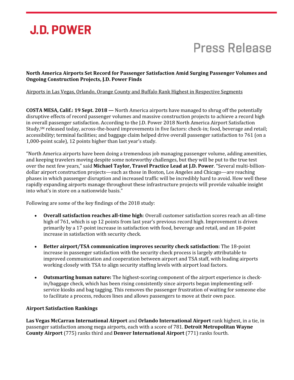 North America Airports Set Record for Passenger Satisfaction Amid Surging Passenger Volumes and Ongoing Construction Projects, J.D