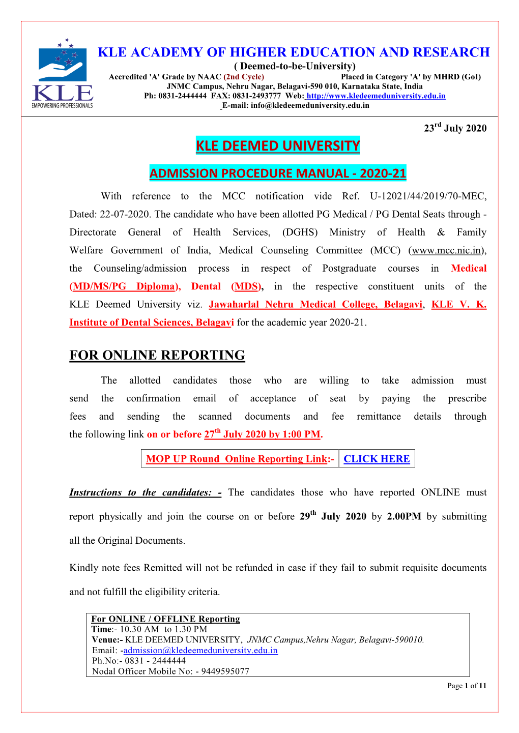 KLE DEEMED UNIVERSITY ADMISSION PROCEDURE MANUAL - 2020-21 with Reference to the MCC Notification Vide Ref