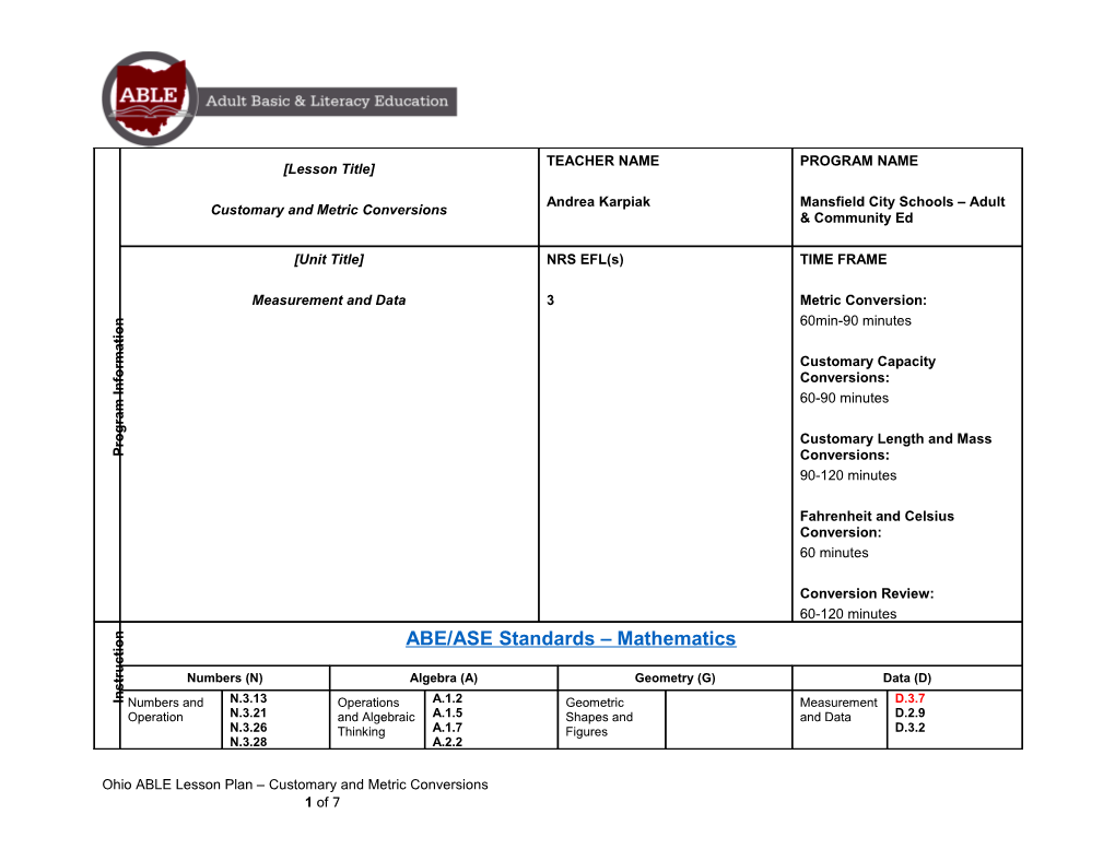 Ohio ABLE Lesson Plan Customary and Metric Conversions