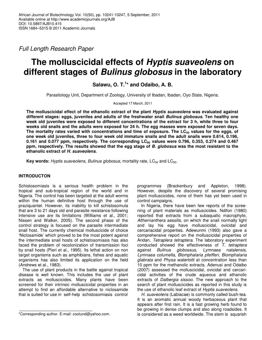 The Molluscicidal Effects of Hyptis Suaveolens on Different Stages of Bulinus Globosus in the Laboratory