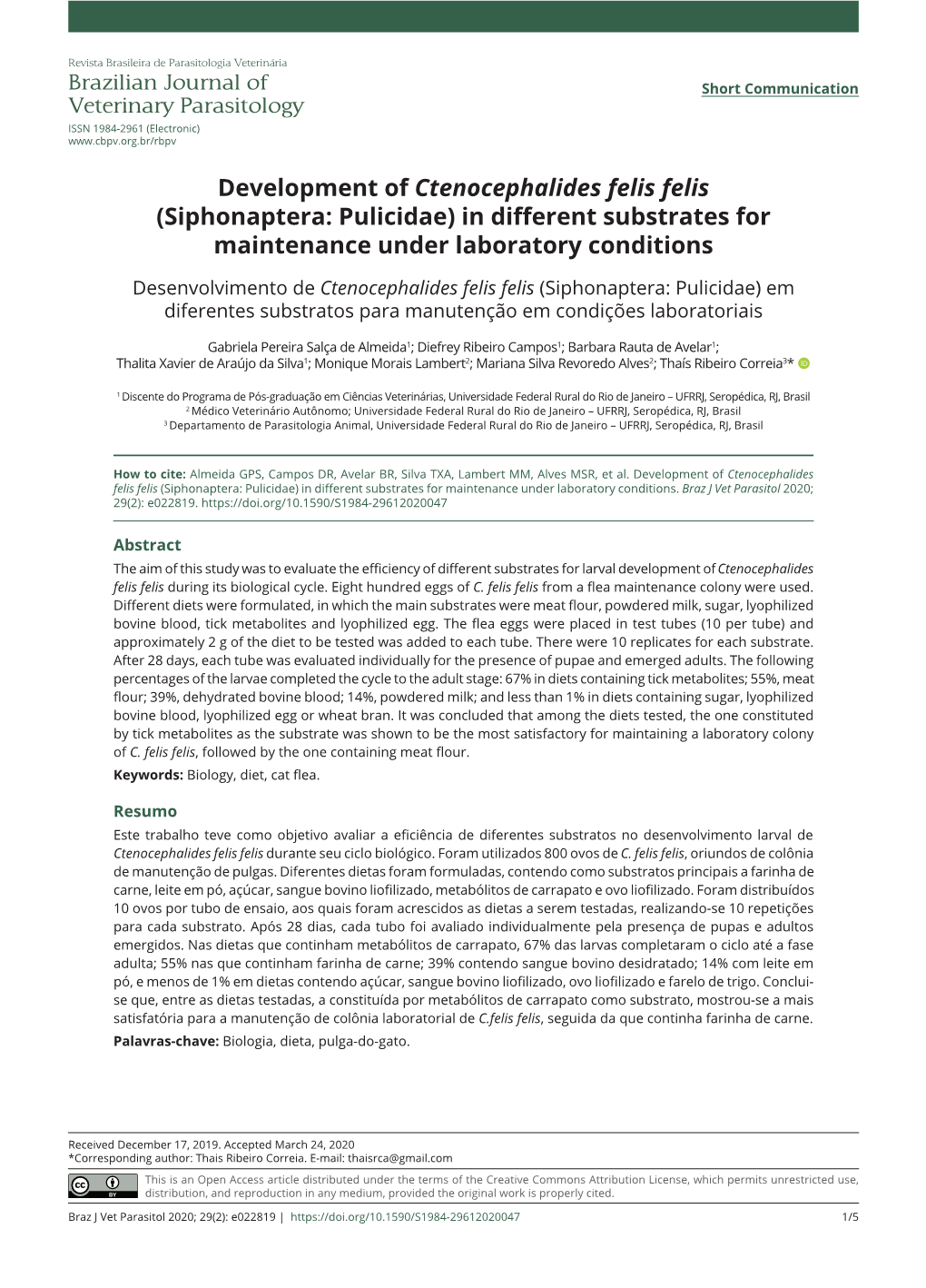 Development of Ctenocephalides Felis Felis (Siphonaptera: Pulicidae) in Different Substrates for Maintenance Under Laboratory Conditions