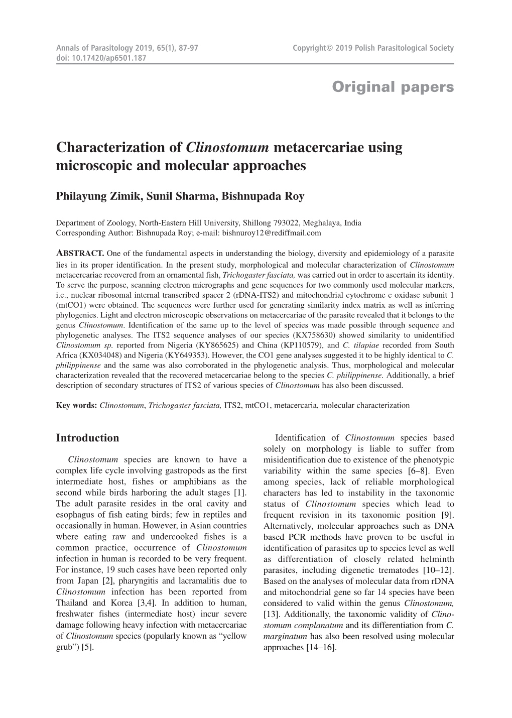 Original Papers Characterization of Clinostomum Metacercariae Using Microscopic and Molecular Approaches
