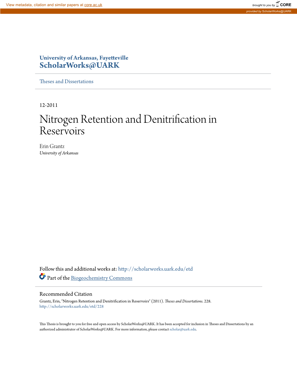 Nitrogen Retention and Denitrification in Reservoirs Erin Grantz University of Arkansas