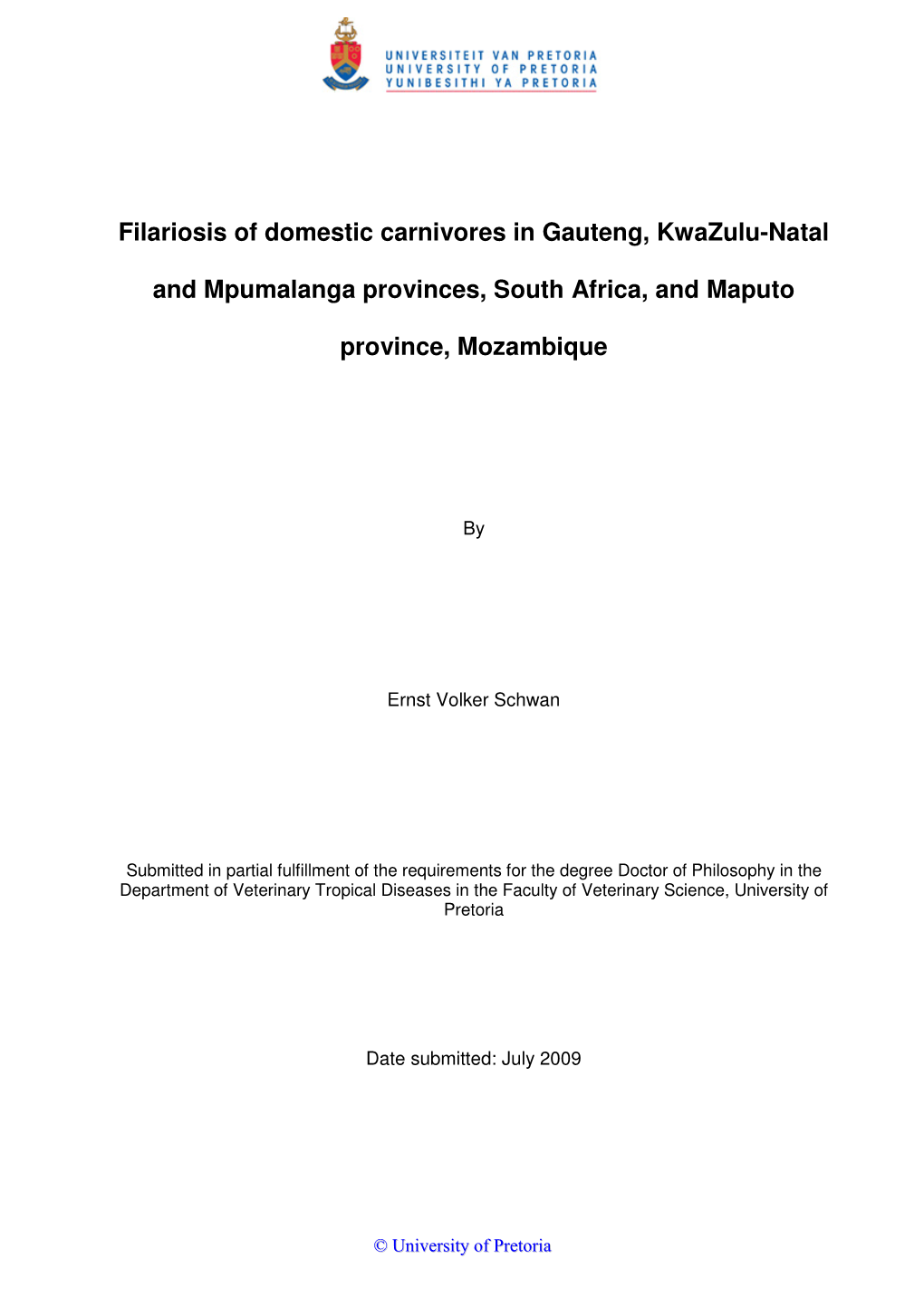 Filariosis of Domestic Carnivores in Gauteng, Kwazulu-Natal And