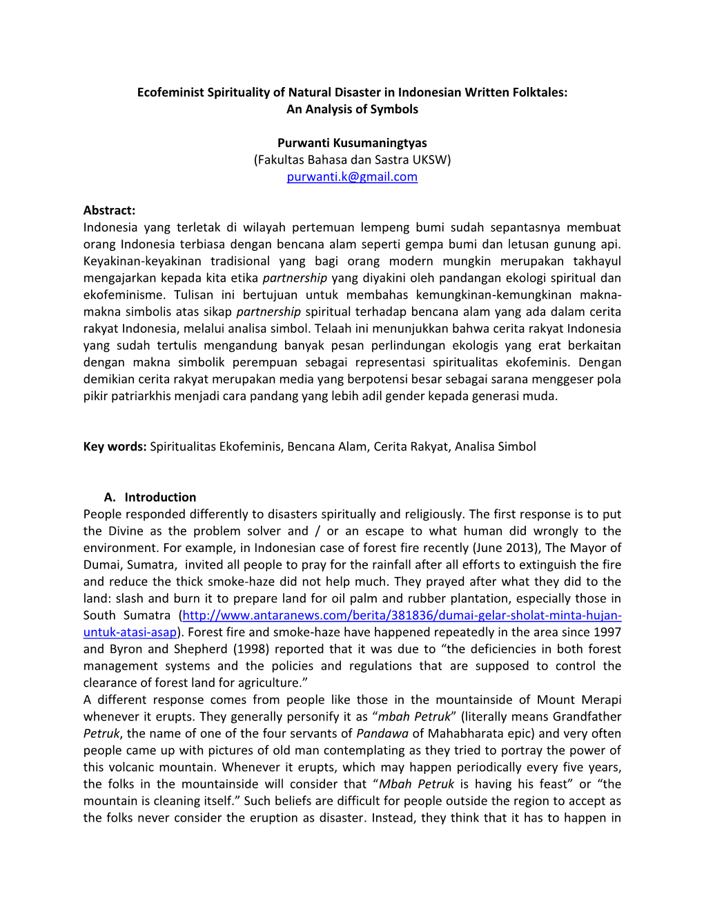 Ecofeminist Spirituality of Natural Disaster in Indonesian Written Folktales: an Analysis of Symbols