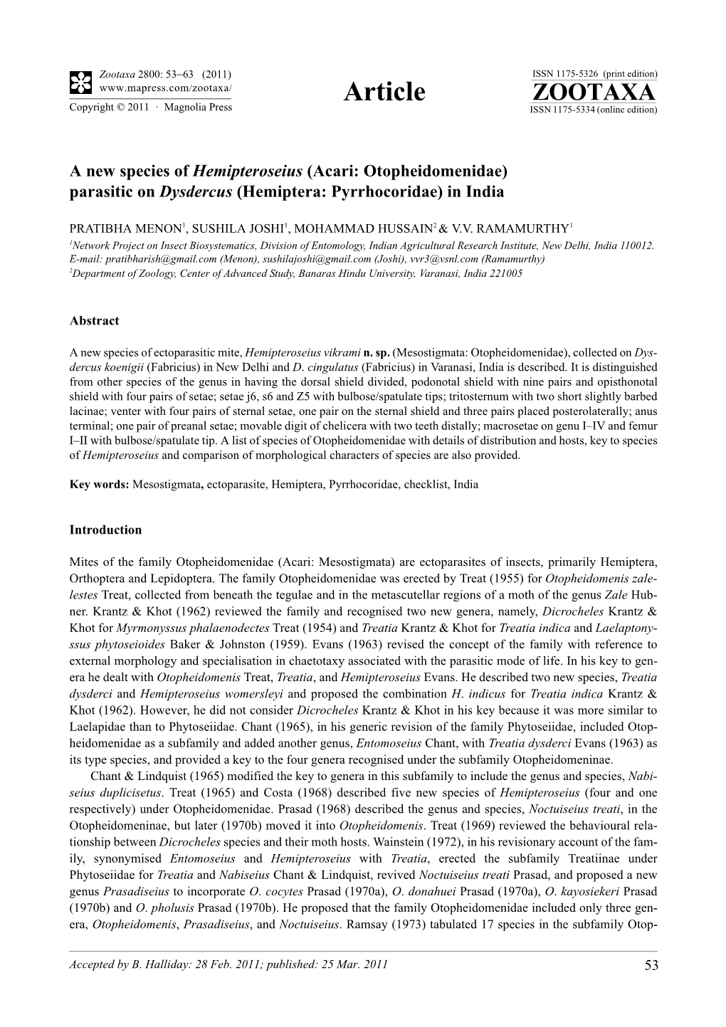 A New Species of Hemipteroseius (Acari: Otopheidomenidae) Parasitic on Dysdercus (Hemiptera: Pyrrhocoridae) in India