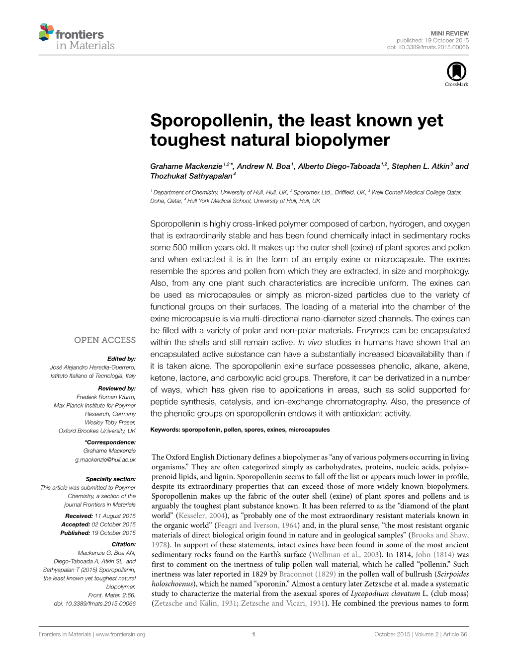 Sporopollenin, the Least Known Yet Toughest Natural Biopolymer