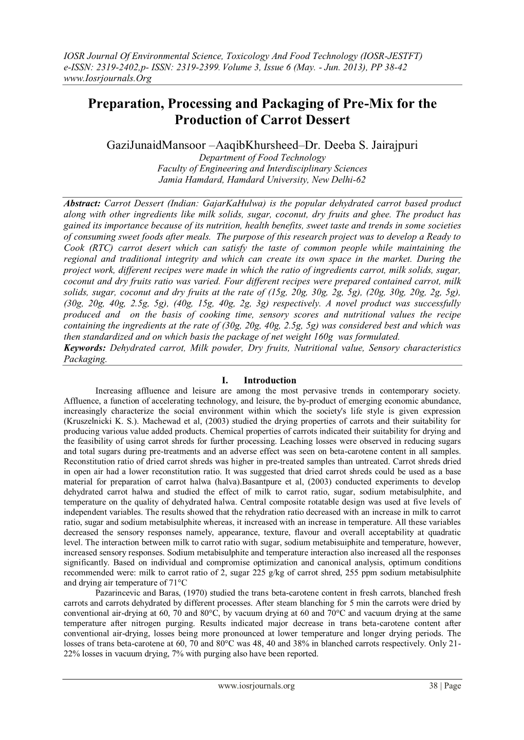 Preparation, Processing and Packaging of Pre-Mix for the Production of Carrot Dessert