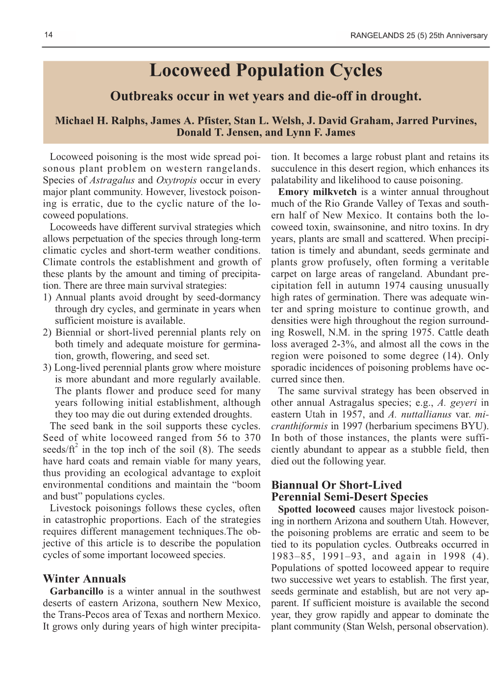 Locoweed Population Cycles Outbreaks Occur in Wet Years and Die-Off in Drought