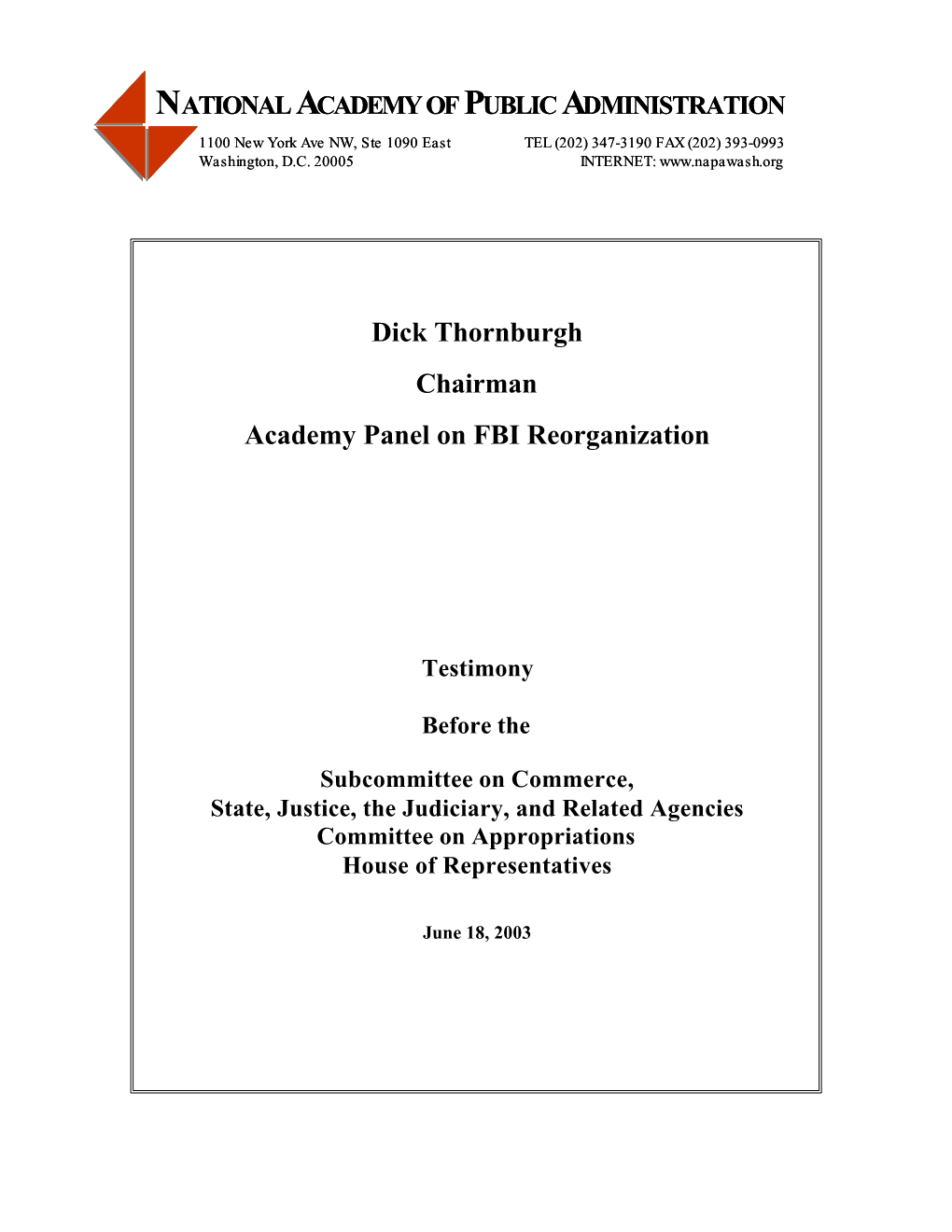 National Academy of Public Administration Panel on FBI Reorganization