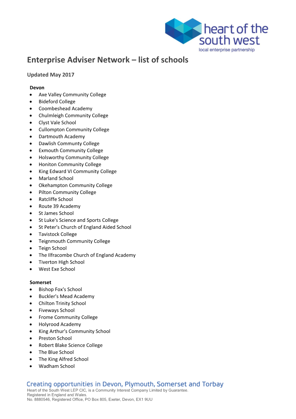 Enterprise Adviser Network – List of Schools
