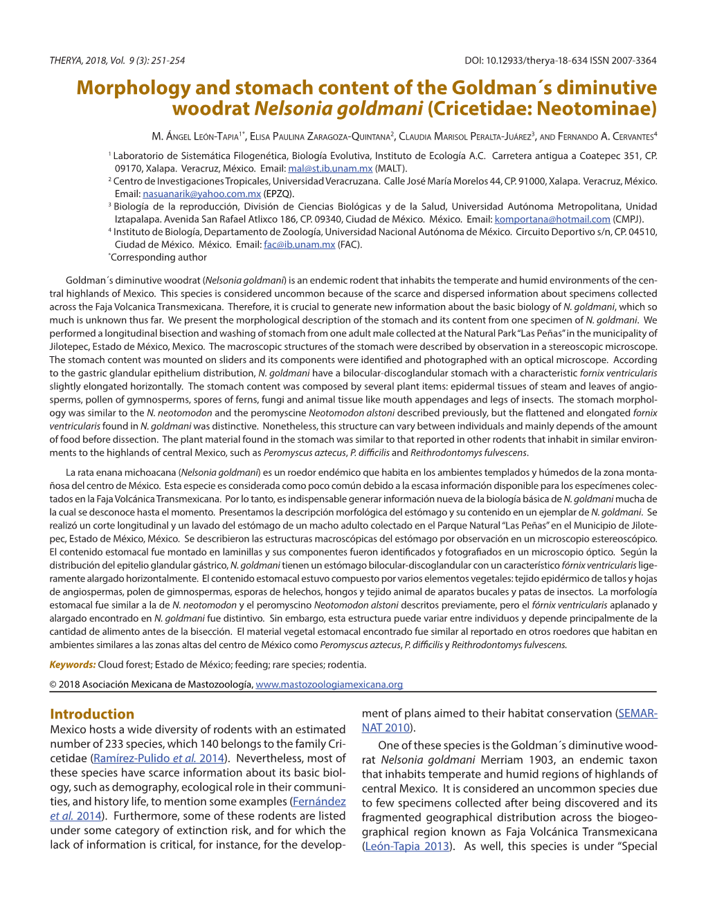 Morphology and Stomach Content of the Goldman´S Diminutive Woodrat Nelsonia Goldmani (Cricetidae: Neotominae)