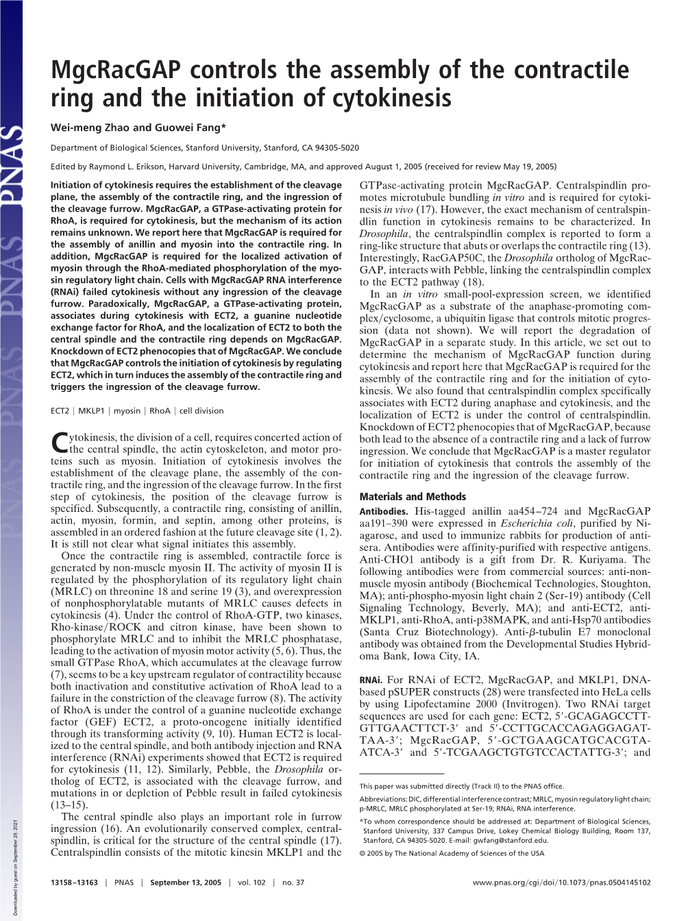 Mgcracgap Controls the Assembly of the Contractile Ring and the Initiation of Cytokinesis