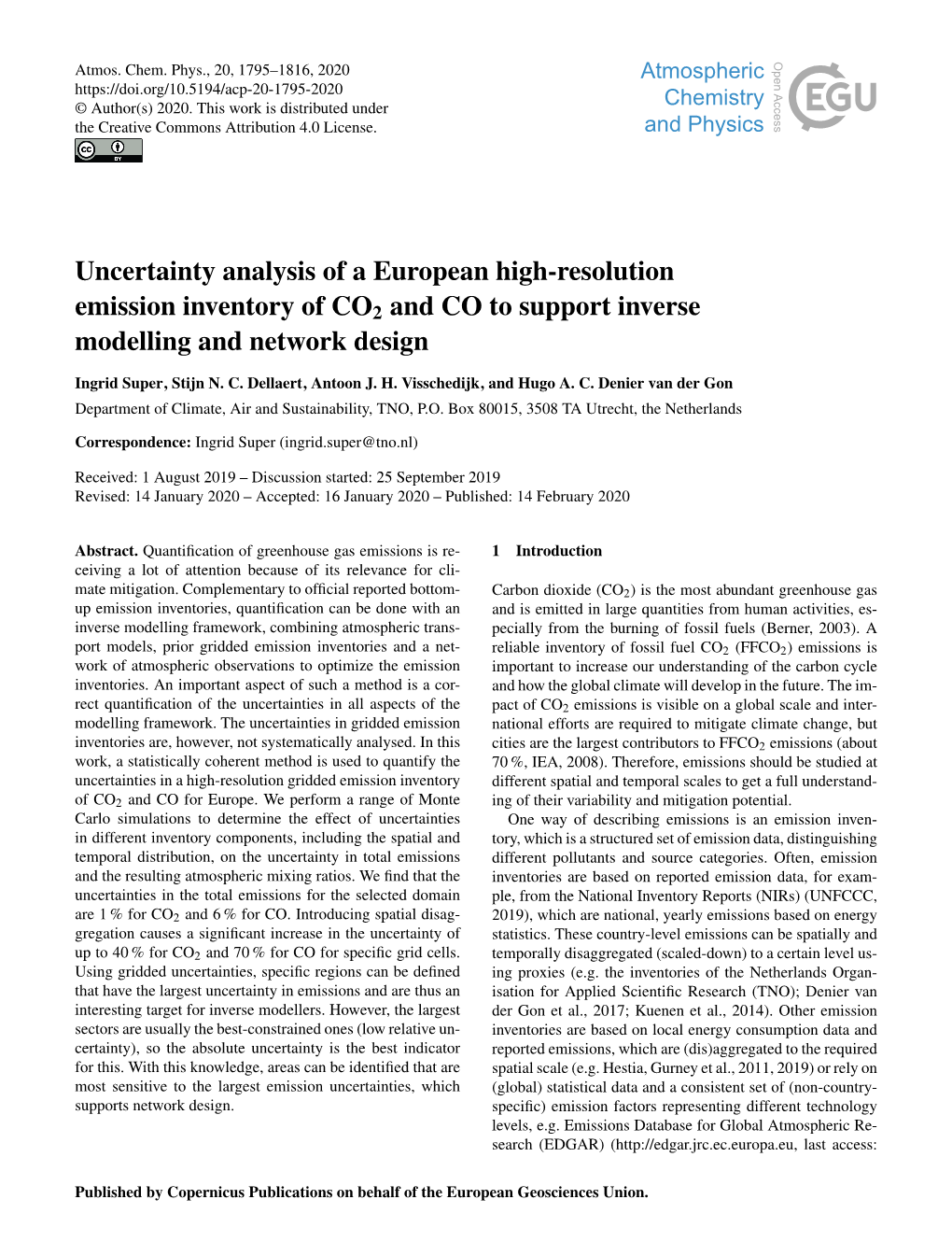 Uncertainty Analysis of a European High-Resolution Emission Inventory of CO2 and CO to Support Inverse Modelling and Network Design