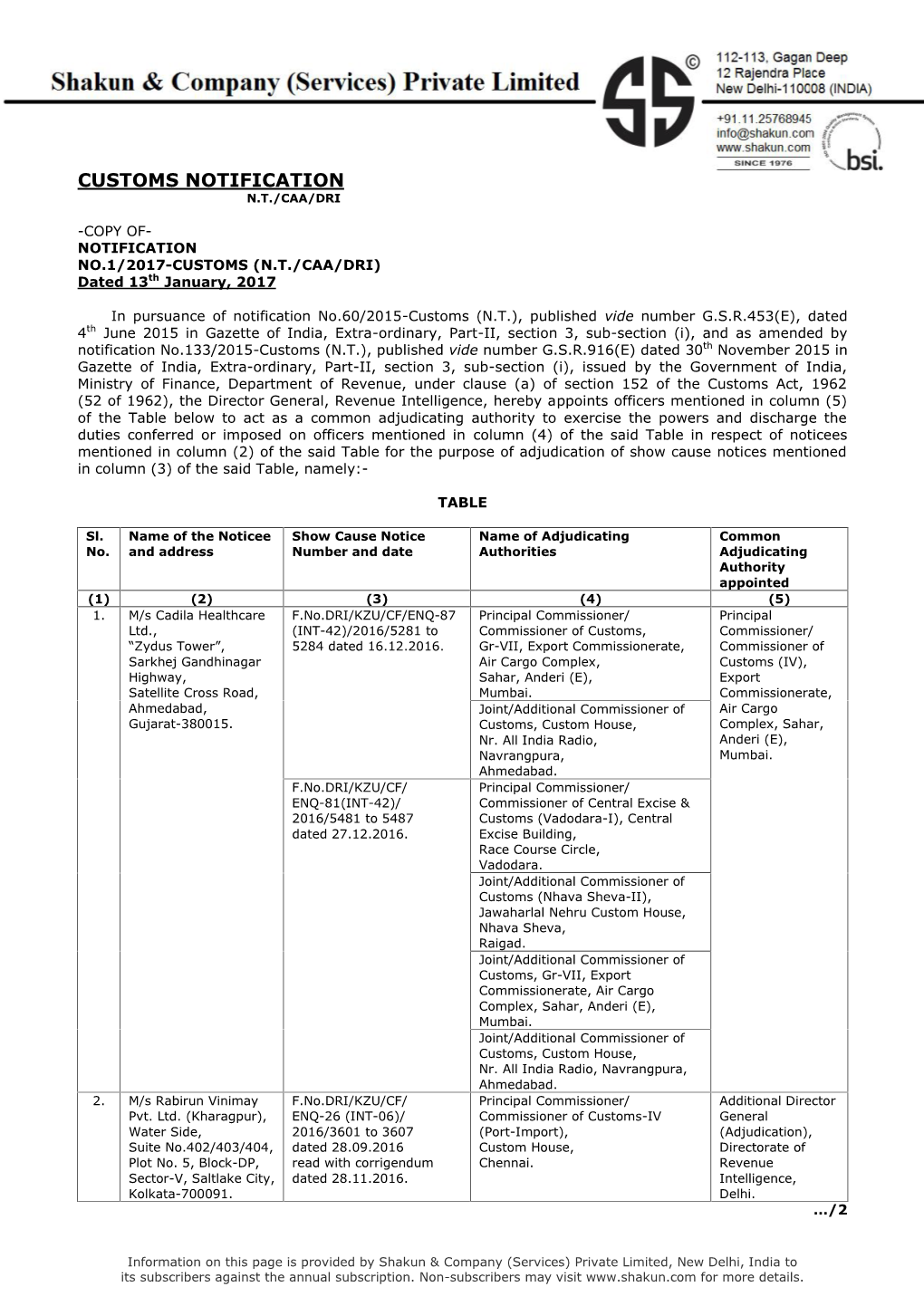 Customs Notification N.T./Caa/Dri