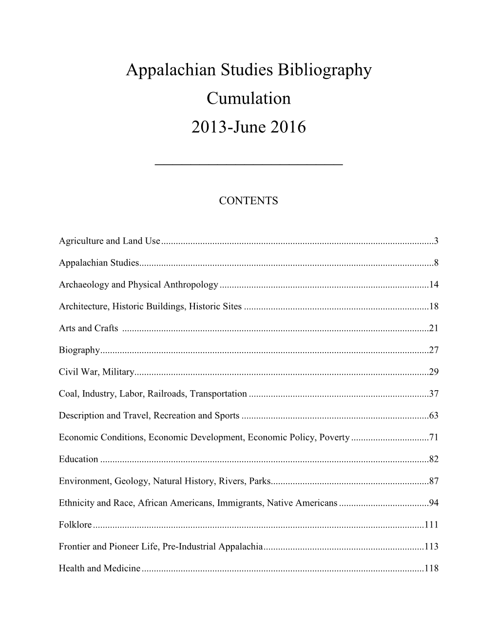 Appalachian Studies Bibliography Cumulation 2013-June 2016 ______