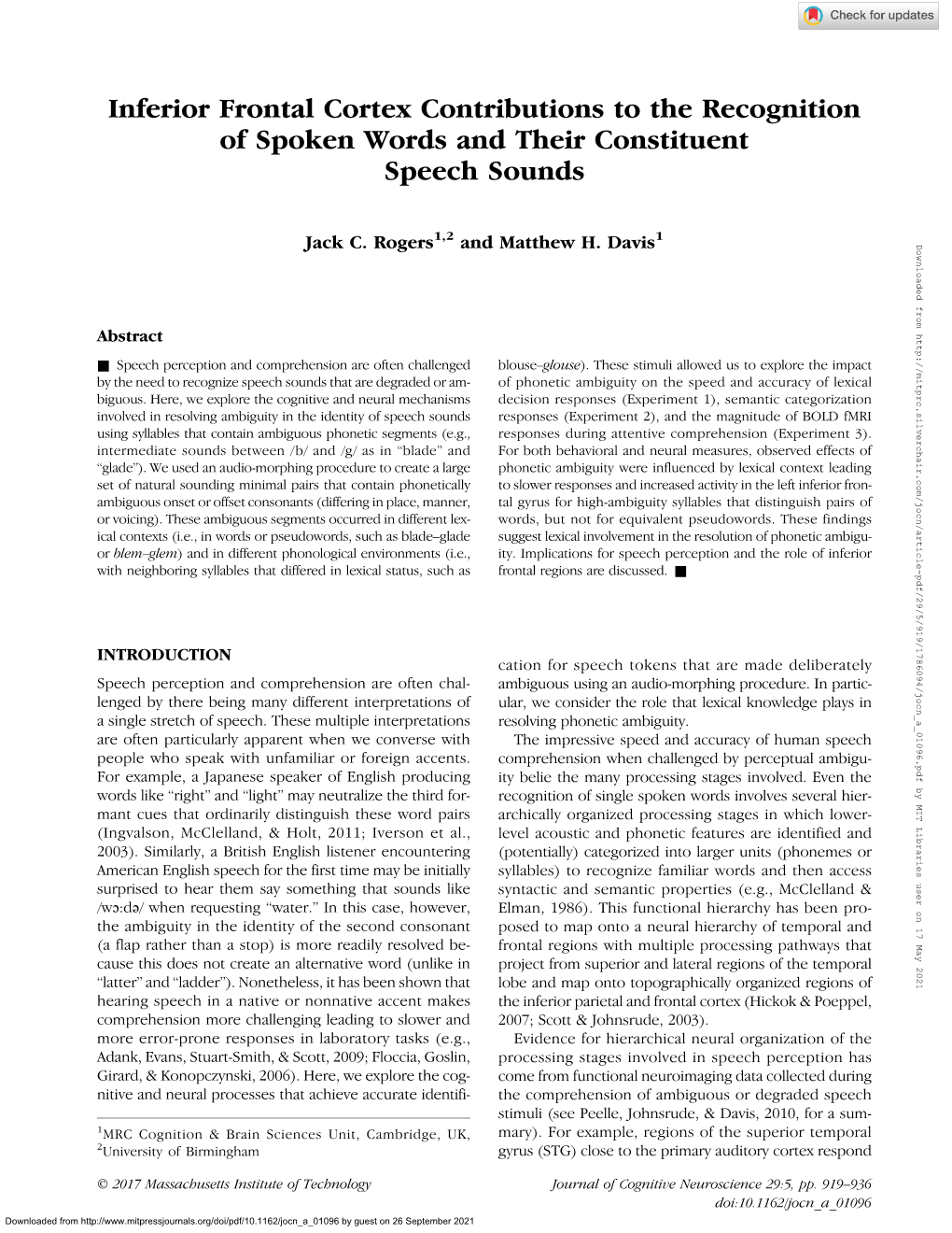 Inferior Frontal Cortex Contributions to the Recognition of Spoken Words and Their Constituent Speech Sounds