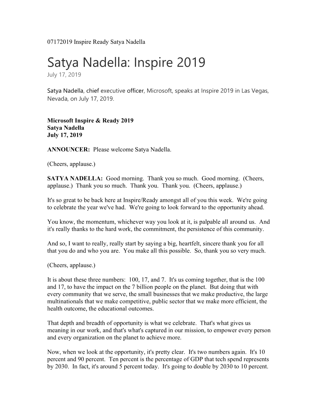 Satya Nadella: Inspire 2019 July 17, 2019
