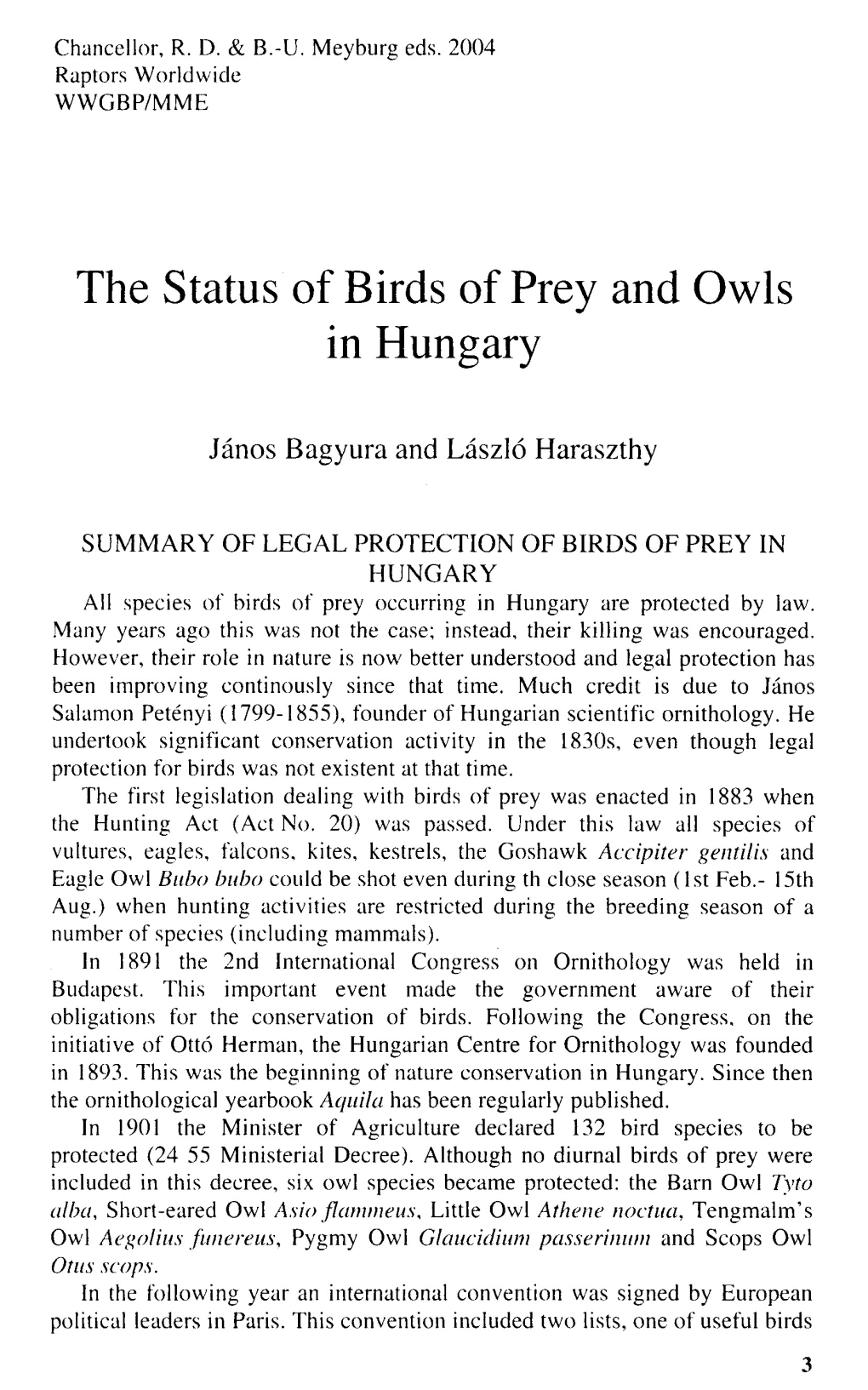 The Status of Birds of Prey and Owls in Hungary