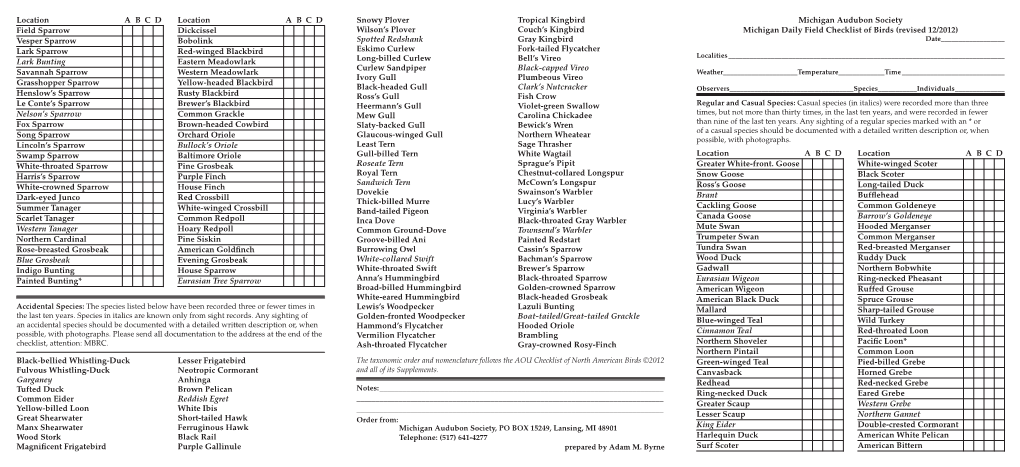 Checklist of Michigan Birds