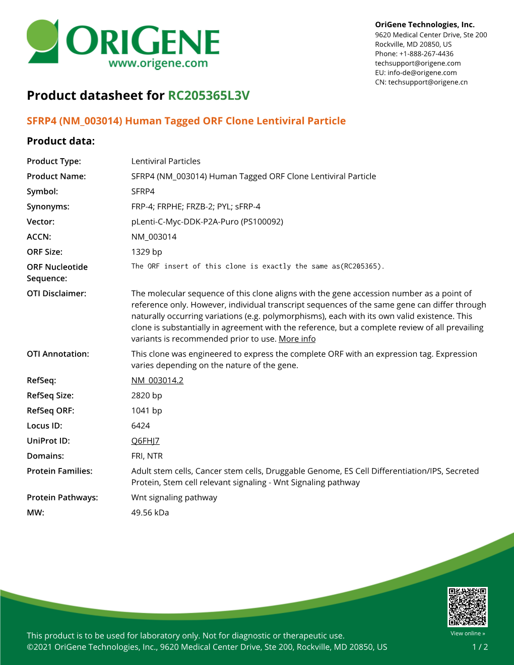 SFRP4 (NM 003014) Human Tagged ORF Clone Lentiviral Particle Product Data