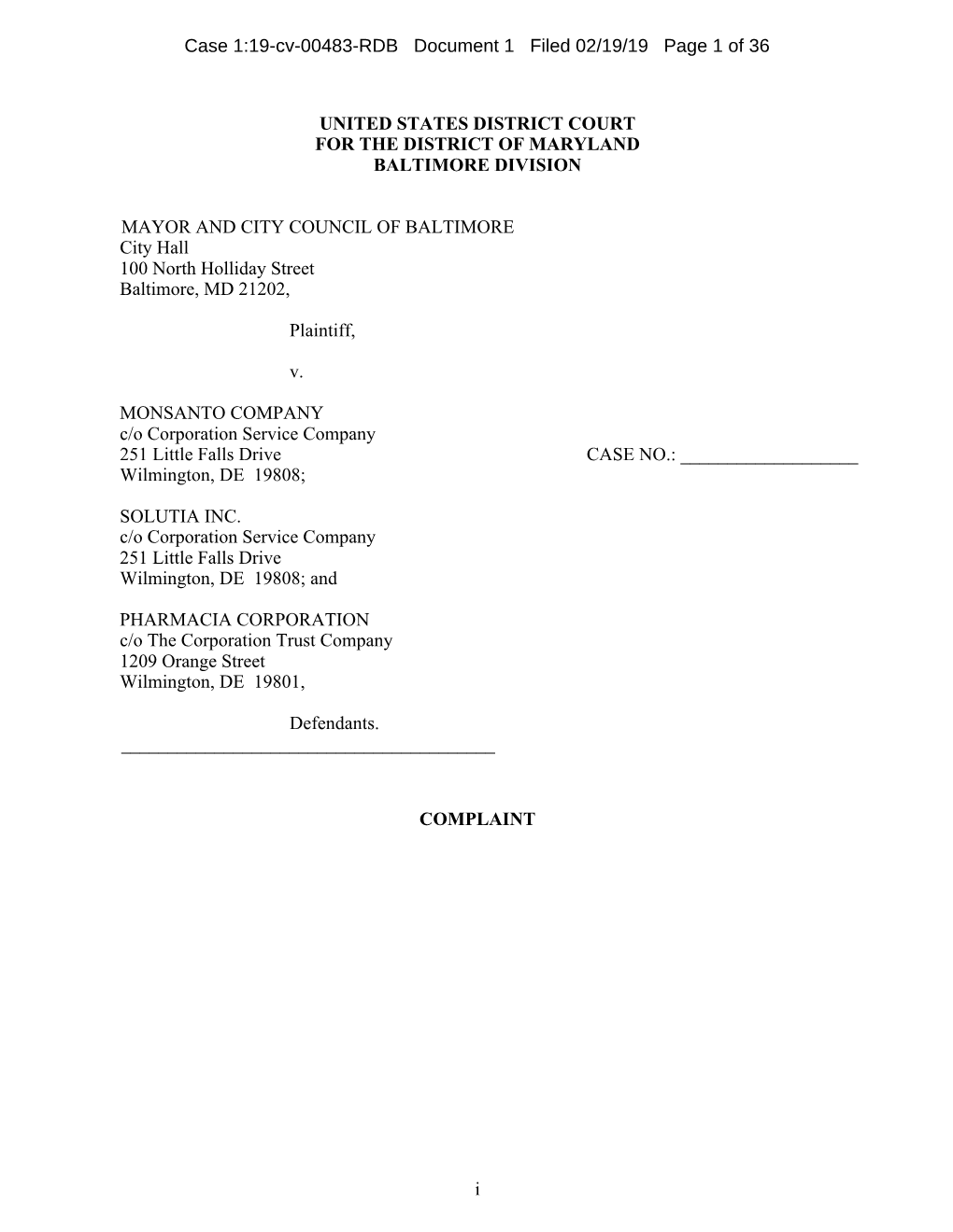 2019-02-19 Baltimore V Monsanto