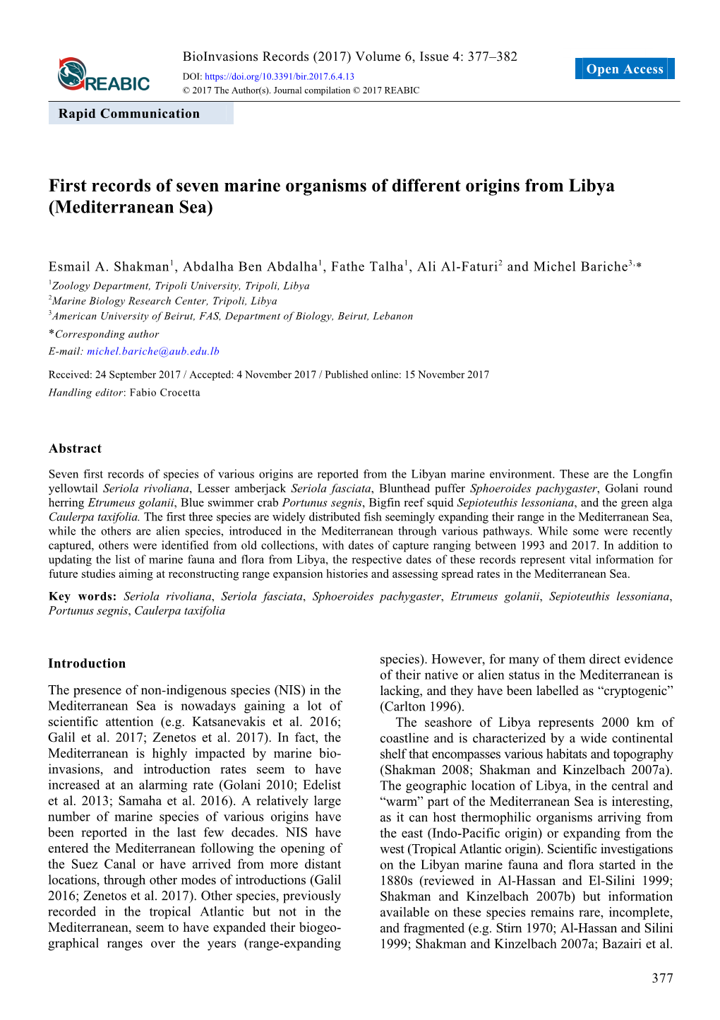 First Records of Seven Marine Organisms of Different Origins from Libya (Mediterranean Sea)