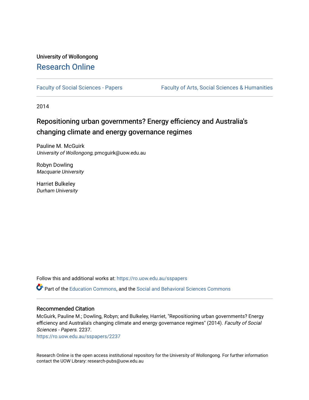 Energy Efficiency and Australia's Changing Climate and Energy Governance Regimes" (2014)