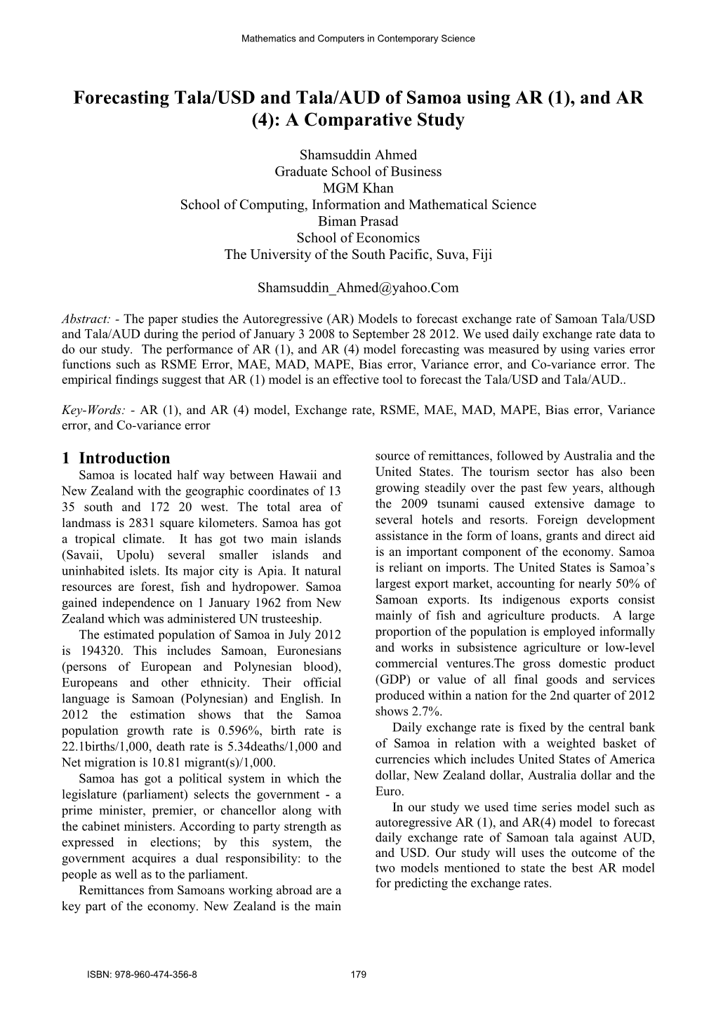 Forecasting Tala/USD and Tala/AUD of Samoa Using AR (1), and AR (4): a Comparative Study