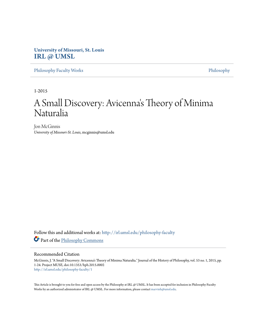 Avicenna's Theory of Minima Naturalia Jon Mcginnis University of Missouri-St