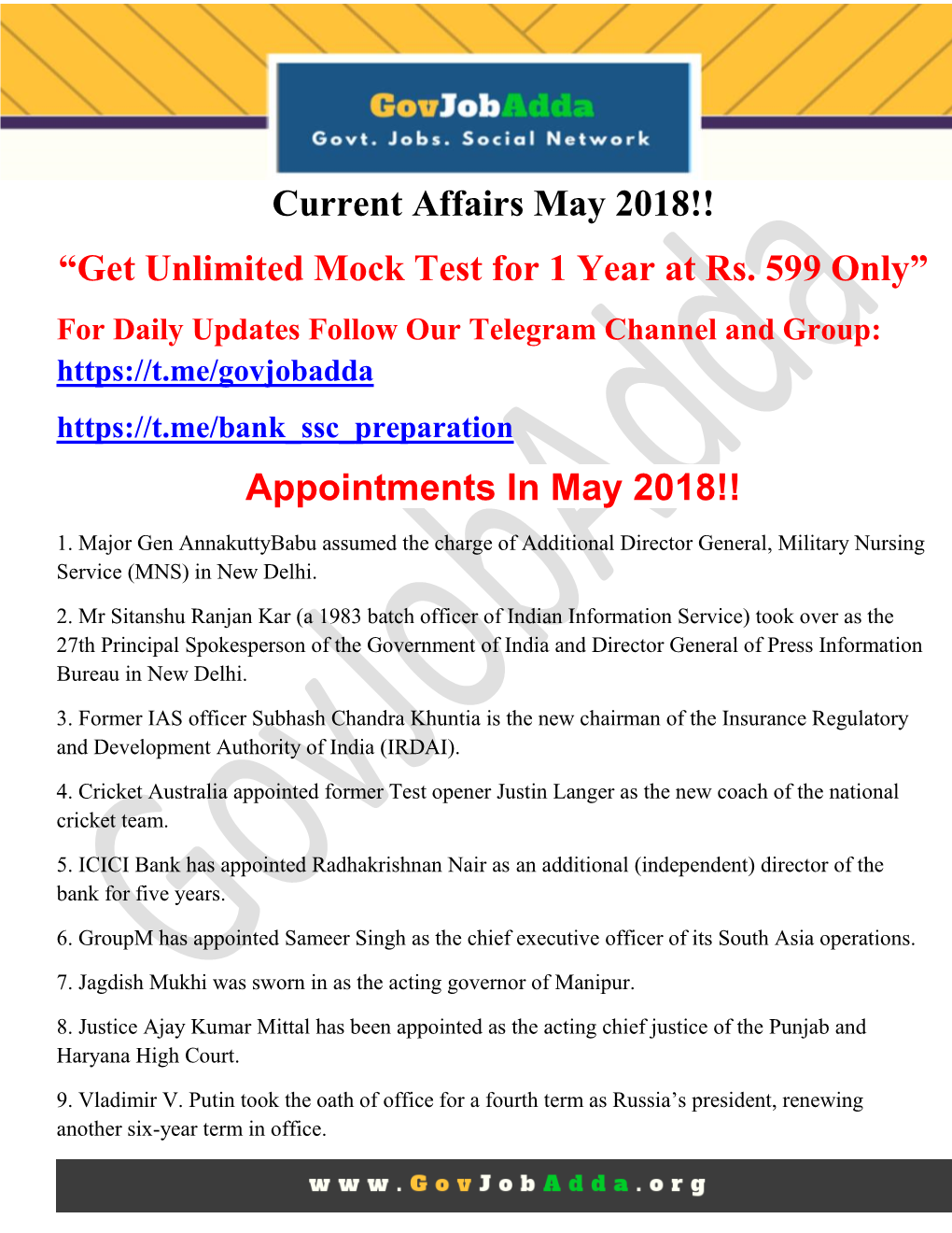Current Affairs May 2018!! “Get Unlimited Mock Test for 1 Year at Rs