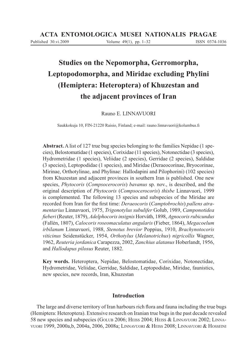 Hemiptera: Heteroptera) of Khuzestan and the Adjacent Provinces of Iran
